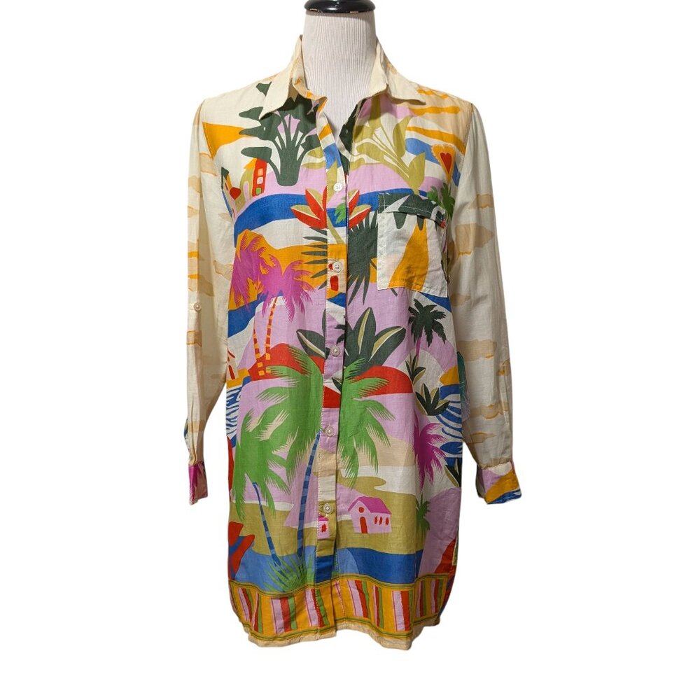 True Destinations Womens Size XS NWT Flaw Tropical Palm Scene Tunic Coverup Top